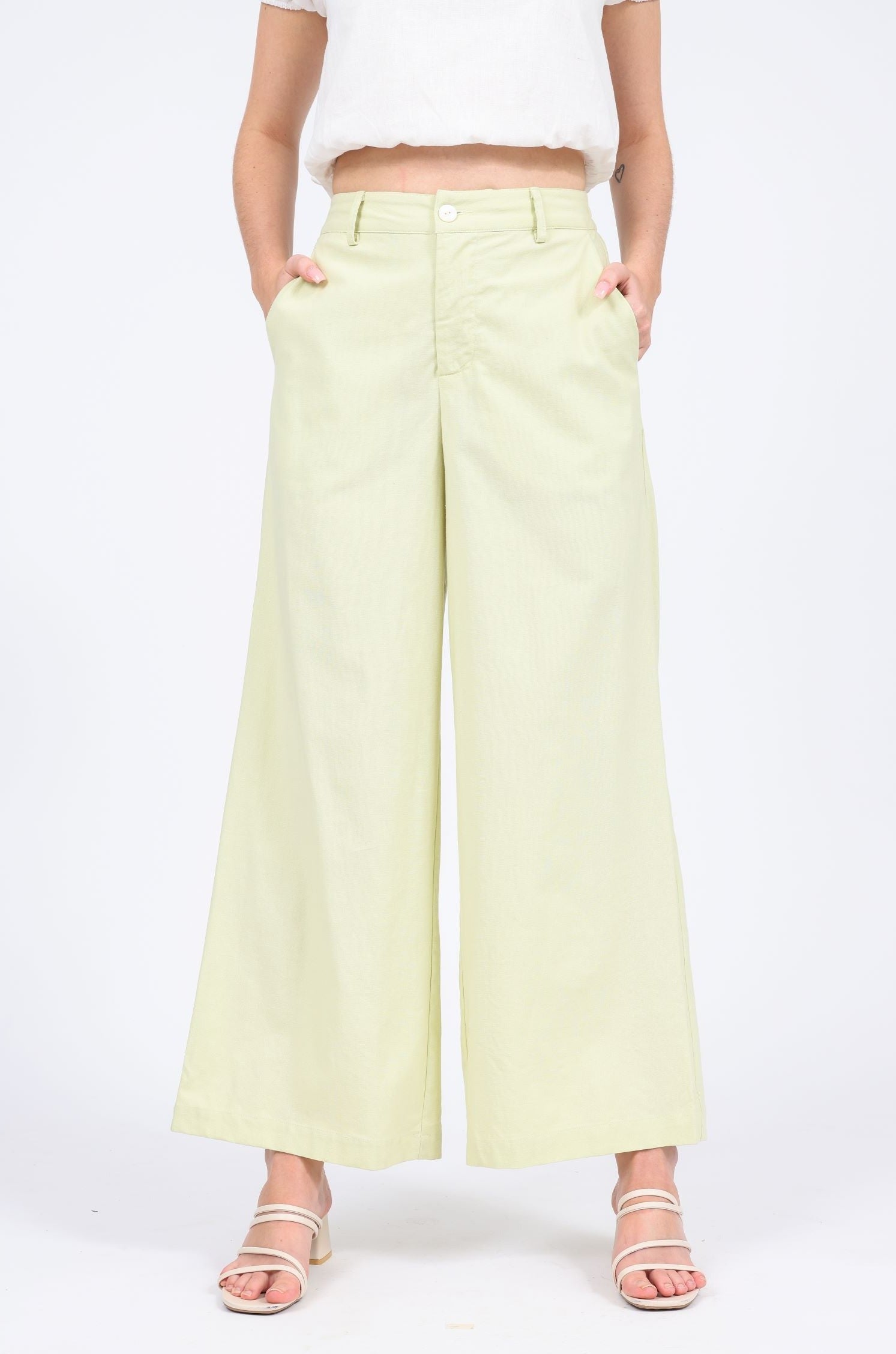 Yellow Pants - Elastic Waist Pants - Cream High Waist Wide Leg Pants