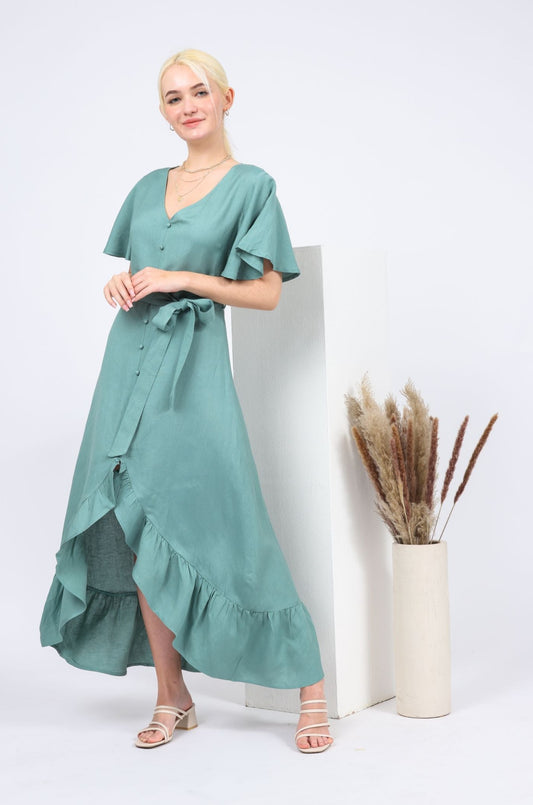 Caroline Linen-blend Butterfly Button-front Dress in Green