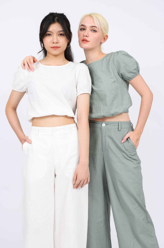 Lucille Linen-blend Puffed Sleeves Crop in Off White